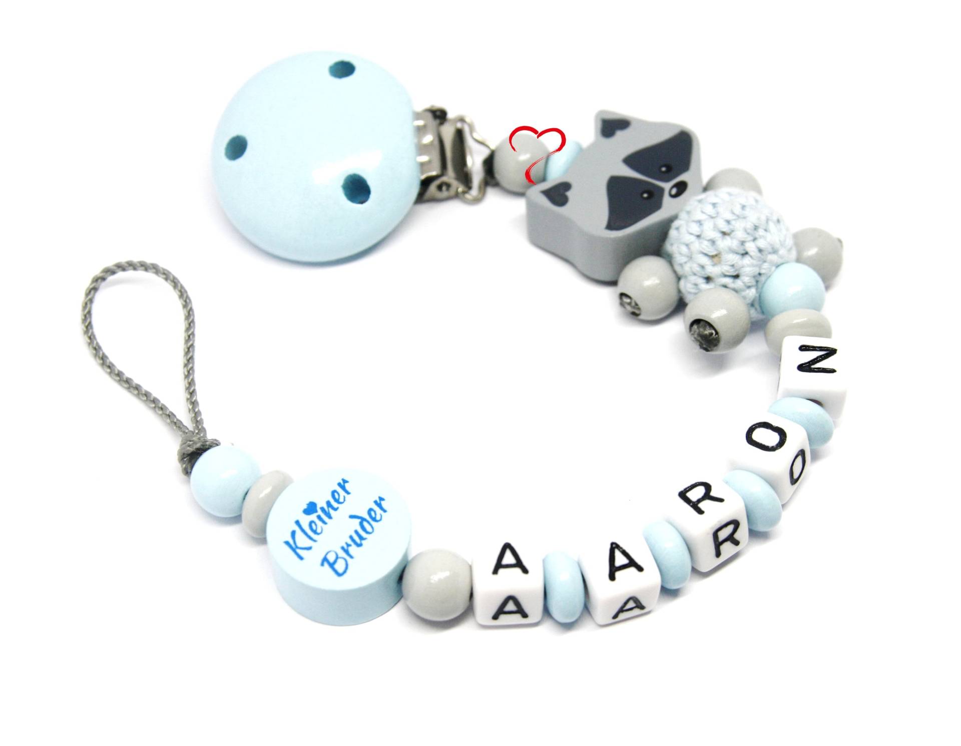 Schnullerkette Mit Namen Junge Personalisiert Waschbär Kleiner Bruder Geburt Taufe Babygeschenk Babyparty von AnniLieblingsstuecke