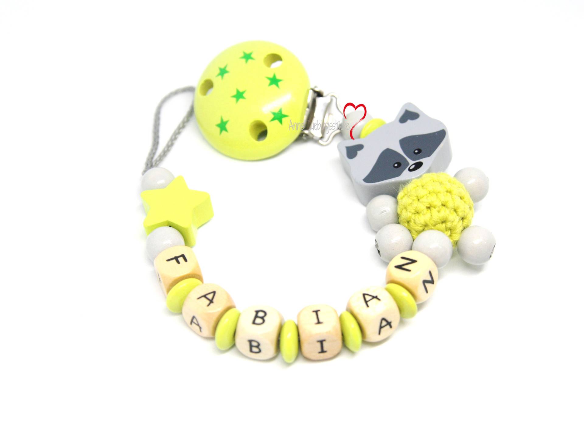 Schnullerkette Mit Namen Junge Personalisiert Waschbär Lemon Geburt Taufe Babygeschenk Babyparty von AnniLieblingsstuecke