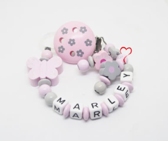 Schnullerkette Mit Namen Mädchen Personalisiert Blümchen Rosa Geburt Taufe Babygeschenk Babyparty von AnniLieblingsstuecke