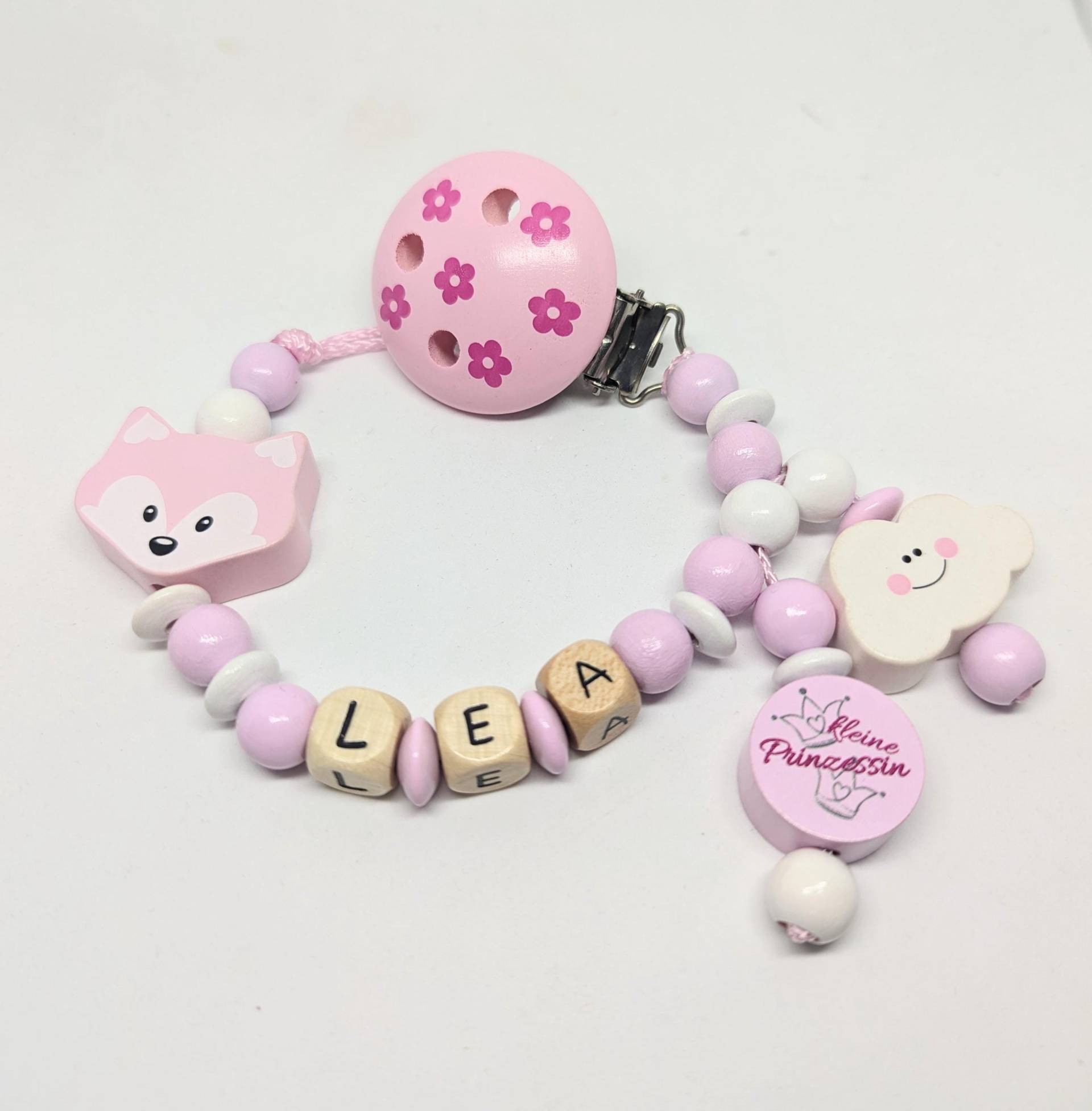 Schnullerkette Mit Namen Mädchen Personalisiert Fuchs Wolke Und Kleine Prinzessin Rosa Geburt Taufe Babygeschenk Babyparty von AnniLieblingsstuecke