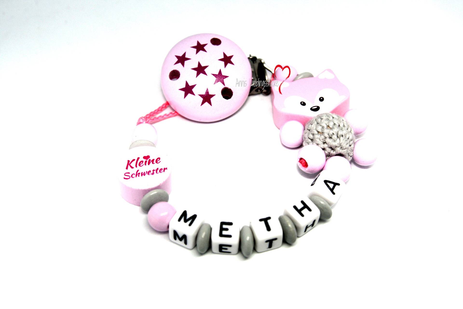 Schnullerkette Mit Namen Mädchen Personalisiert Kleine Schwester Rosa Geburt Taufe Babygeschenk Babyparty von AnniLieblingsstuecke