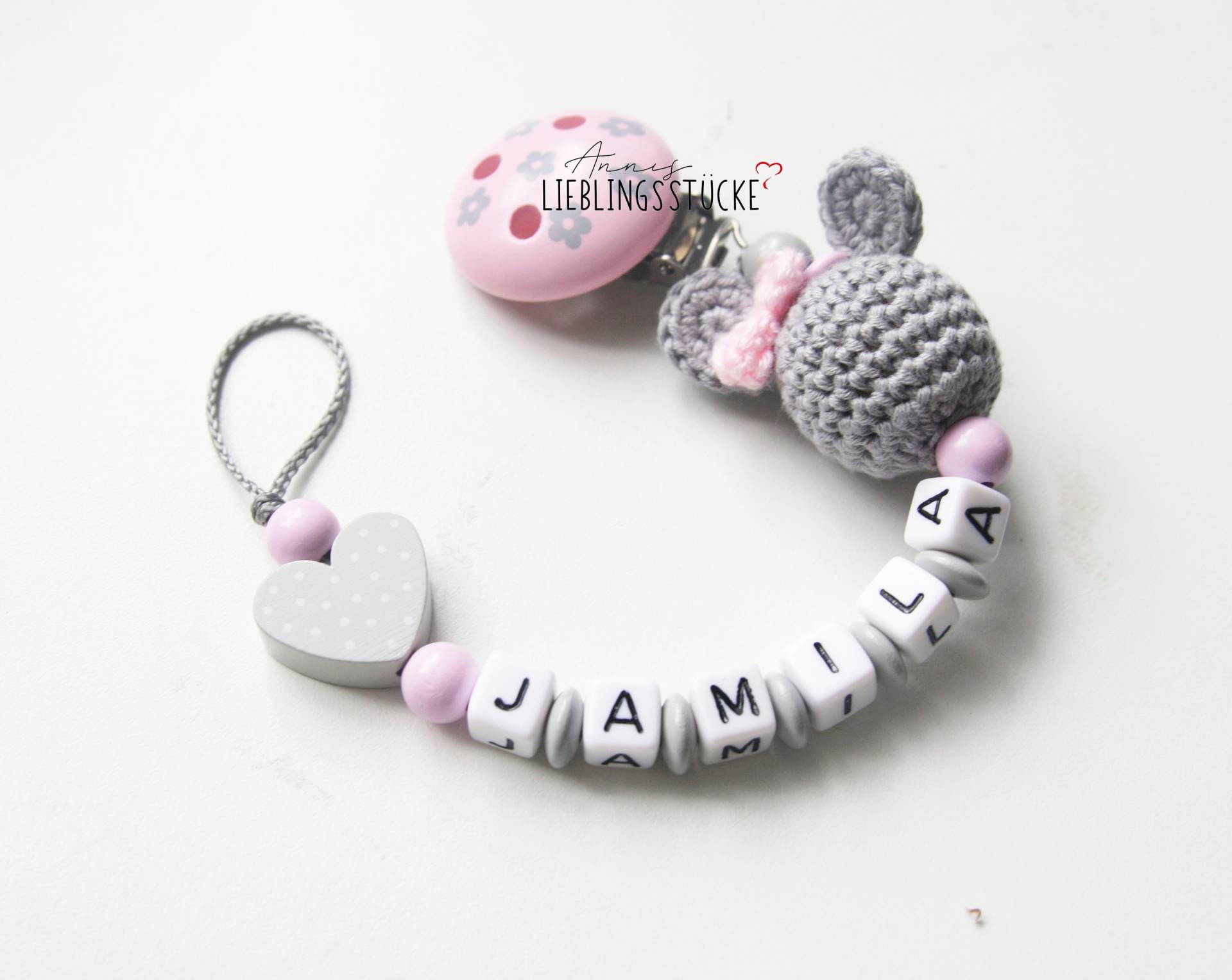 Schnullerkette Mit Namen Mädchen Personalisiert Maus Geburt Taufe Babygeschenk Babyparty von AnniLieblingsstuecke