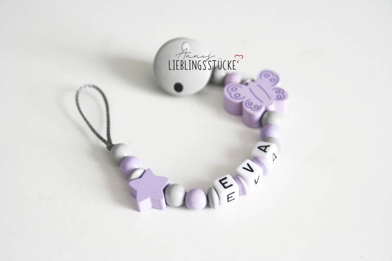 Schnullerkette Mit Namen Mädchen Personalisiert Schmetterling Stern Geburt Taufe Babygeschenk Babyparty von AnniLieblingsstuecke