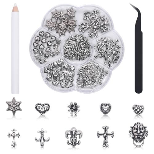 Annickee 100 Stück 3D Nail Charms, Chrome Hearts Nagel Charms in 10 Verschiedenen Stilen, Kreuz-Nagel-Charms mit Pinzette und Strassstein-Picker, Vintage-Silber-Punk-Nagel-Charms, Verchromtes Metall von Annickee