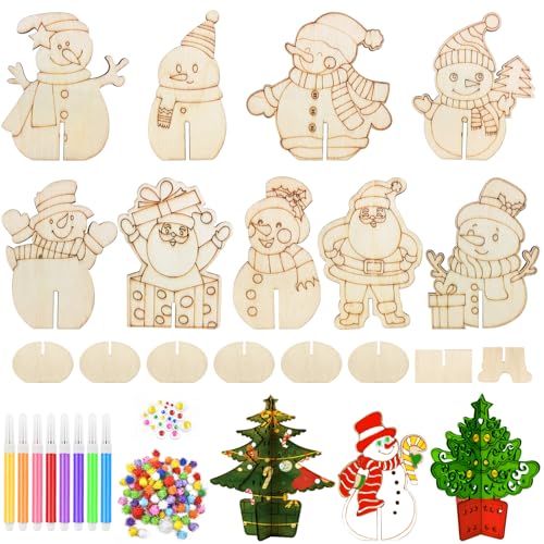 Annickee 12 Stück 3D Weihnachten Basteln, Holz Schneemann zum Bemalen mit 8 Aquarellstifte, 3D Blumen Holzbastelsets für Kinder, 3D Puzzle Holz zum Bemalen und Basteln, DIY Holzbastelsets Kreative von Annickee