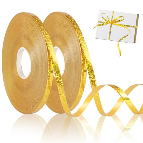 Annickee 2 Rollen Geschenkband Gold Laser, 50 Meter Geschenkbänder Glitzer, 5mm Goldenes band Laser, schleifenband gold, geschenk band für Luftballons, Geschenkverpackung, Florist, Weihnachten von Annickee