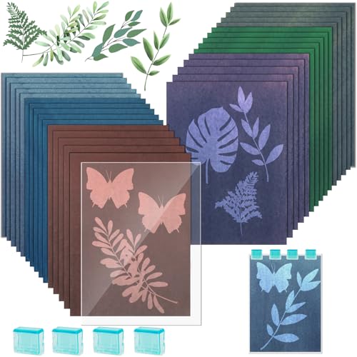 Annickee 30 Stück Cyanotypie Papier Kit, Sonnendruck Papier, Sonnendruckpapier Kit mit 4 Halteklammern, Naturdruckpapier, Solar Fotopapier Sun Art Paper Für Kinder Erwachsene Diy Zum Basteln von Annickee