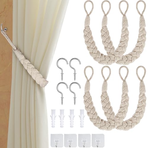 Annickee 4 Stück Vorhangseil Raffhalter, Handgestrickte Vorhang Halter, Vorhanghalter Rope Buckle, Boho Vorhanghalter Baumwollseil Gardinenhalter, Vorhang Halter für Zuhause, Kinderzimmer und Büro von Annickee