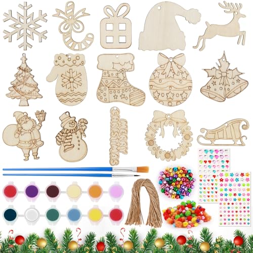 Annickee 60 Stück Weihnachten Holzanhänger, Holz Hängende Dekorationen mit Schnur, Holzanhänger zum Bemalen mit Pigmentstift und Kristallaufkleber, für DIY Handwerk, Scrapbooking, Innenausstattung von Annickee