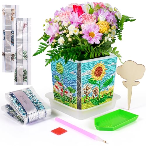 Annickee Diamond Painting Klein Pflanzenset, 1 Stück Diamantmalerei Blumentopf mit Untertassen, Diamond Painting Gartenarbeit Geschenk, Blumentöpfe Kunsthandwerk, Blumentopf mit Diamantmalerei von Annickee