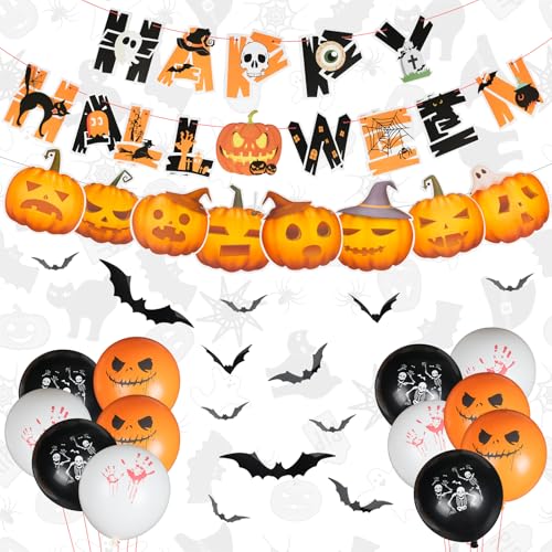 Annickee Halloween Deko Set, Happy Halloween Girlande Set, 12 Halloween Luftballon mit 2 Banner, 12 Fledermäuse 3D, Halloween Ballon Happy Halloween banner und Kürbis Girlande Set,12 Skelett Kürbiss von Annickee