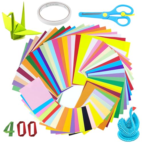 Annyswit 400 Blatt Origami Papier mit Schere & Doppelseitigem Klebeband 10x10/15x15/20x20 cm Bastelpapier Bunt Set Tonpapier Bunt Doppelseitiges farbiges Origami-Set zum Basteln und Gestalten von Annyswit