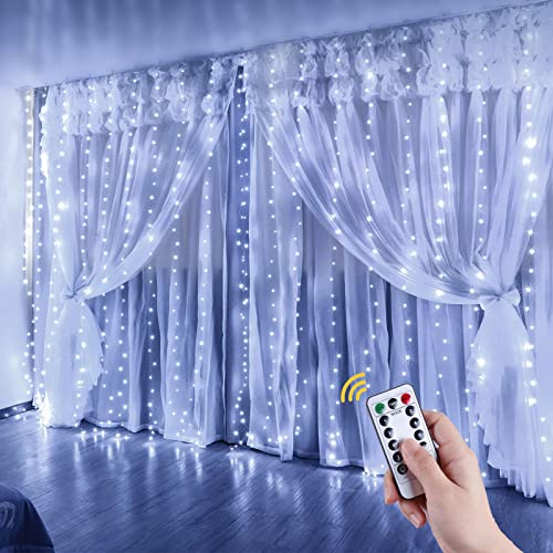 Anpro Lichtervorhang 3m x 3m ,300 LEDs USB Lichterkette LED Lichterkettenvorhang mit 8 Modi für Partydekoration deko schlafzimmer, Innenbeleuchtung, Kaltes Weiß von Anpro