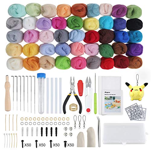 Anpro Nadelfilz Set, 45 Farben Filzwolle Basteln Nadelfilz Starter Kit, Wolle Roving Schafwolle DIY mit Werkzeug Set für Anfänger von Anpro