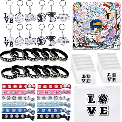 Anprola Volleyball-Partygeschenke, Sportgeschenke, inklusive Volleyball-Schlüsselanhänger, Silikon-Armbänder, Haargummis, Goodie-Taschen und Aufkleber für Volleyball-Mottoparty-Zubehör, Dekorationen von Anprola