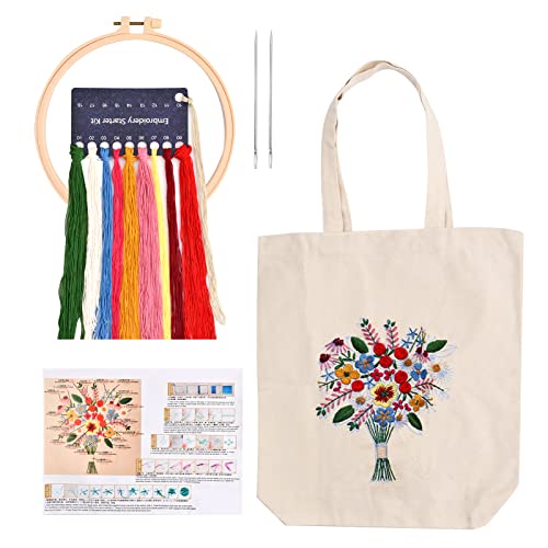 Anseom Canvas Tote Bag Stickset für Anfänger, Anfänger Stickerei Set, Kunst und DIY Bastelsets für Erwachsene, inklusive Sticktasche mit Blumenmuster, Bambus Stickrahmen, Farbfden und Werkzeug (weiß) von Anseom