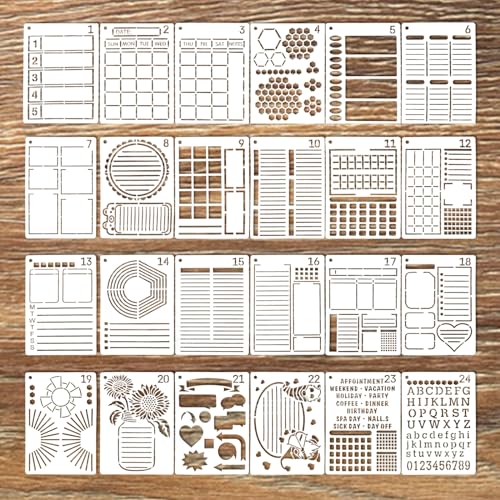 Anseom Gemischt Tagebuch Schablonen 24pcs Journal Stencils Set Wiederverwendbares Bullet Schablonen Malerei Vorlage Zubehör Bullet Journal Zubehör, Schablonen für Tagebuch, Scrapbook, DIY von Anseom