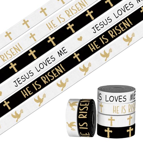 6 Stück 18 Yards 3/8 Zoll Christliche Bänder Weiß Schwarz Kreuz Jesus Ripsbänder He is Risen! Stoffband für DIY Weihnachten Urlaub Dekoration von Anshome