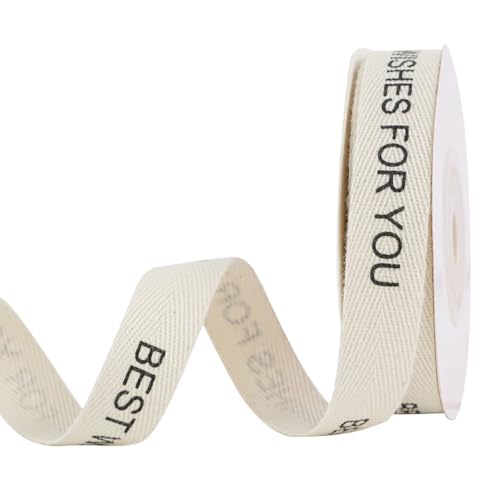 Baumwollband mit Aufschrift "Best Wish for You", 1,6 cm x 9,1 m, cremeweiß, Fischgrätenmuster, weiches Stoffband für Geschenkverpackungen von Anshome