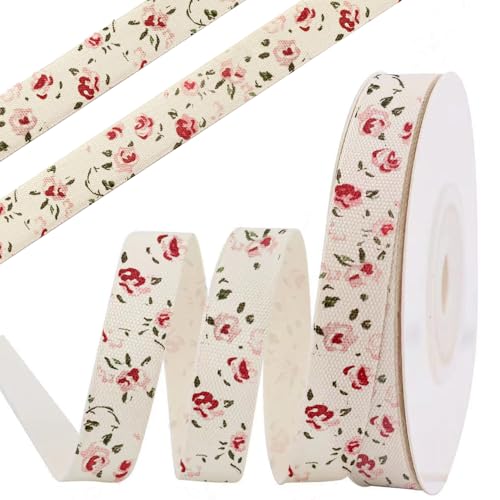 anshome Baumwollband mit rosafarbenem Blumenmuster, 1,6 cm x 9,1 m, frühlingshaft, cremeweiß, weiches natürliches Stoffband für Heimdekoration, Party, Geschenkverpackungen von Anshome