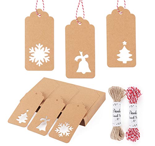 Anstore 150 Stück Weihnachten Kraftpapier Etiketten Geschenkanhänger Anhänger Etiketten Schneeflocke Weihnachtsbäume Glocke Design 9.5x4.5cm mit Jute-Schnur 10m und rot/weiß Baumwollgarn 10m von Anstore