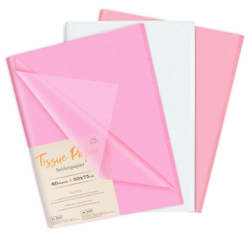 Anstore 60 Blatt Seidenpapier Weiß and Rosa Transparentpapier 50x75 cm Tissue Paper,Seidenpapier Verpackungsmaterial für Geschenktüten, Geschenkpapier für Geburtstag Hochzeit Weihnachten Dekorationen von Anstore