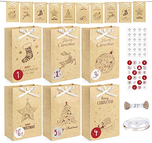 Anstore Adventskalender zum Befüllen, 24 Kraftpapiertüten Geschenk Papiertueten Geschenktüten Weihnachten mit 24 Adventskalenderzahlen, 24 Weihnachtsaufkleber, 10M Jute Kordel und 1 Rolle Bänder von Anstore