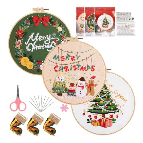 Antcher Weihnachts-Stickerei-Sets, 2/3 Set Stickerei-Starter-Set für Erwachsene und Anfänger, mit Stickrahmen, Fäden, Nadeln und Anleitung (Grün + Beige + Weiß) von Antcher