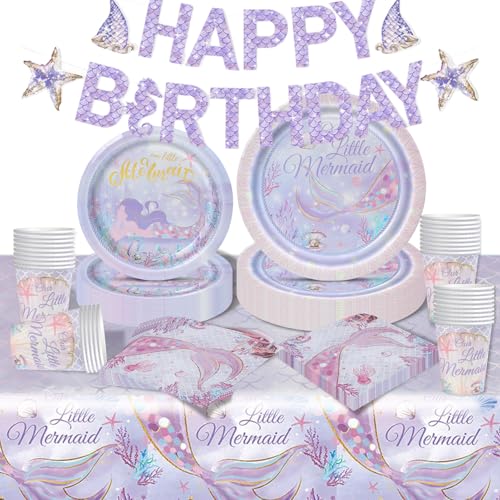 Antsparty 81pcs Meerjungfrau Party Supplies Set Meerjungfrau Party Geschirr Meerjungfrau Teller Becher Servietten Tischdecke für Mädchen von Antsparty