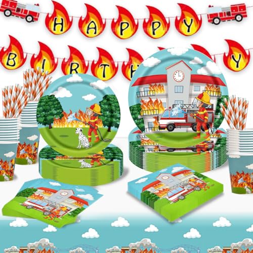 Antsparty Feuerwehr Partygeschirr Set, 102Pcs Feuerwehr Geburtstag Deko mit Feuerwehr Pappteller Tasse Servietten Tischdecke Banner Strohhalme, Kindergeburtstag Deko 20 Gäste von Antsparty