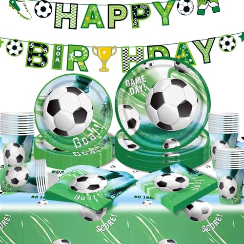 Antsparty Fußball Partygeschirr Set, 81 Stück Fußball Geburtstag Party Deko mit Fußball Pappteller Becher Servietten Tischdecke, Fußball Kindergeburtstag Party Supplies von Antsparty