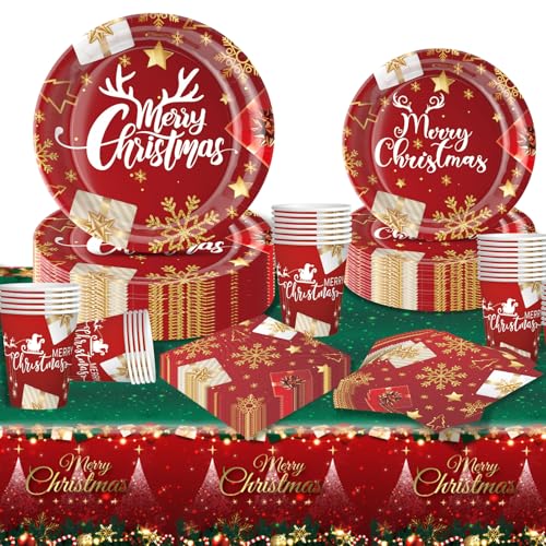 Antsparty Weihnachten Partygeschirr für 24 Gäste, 97 Stück Weihnachtsfeier Deko mit Weihnachten Pappteller Pappbecher Servietten Tischdecke, Christmas Heiligabend Party Supply von Antsparty