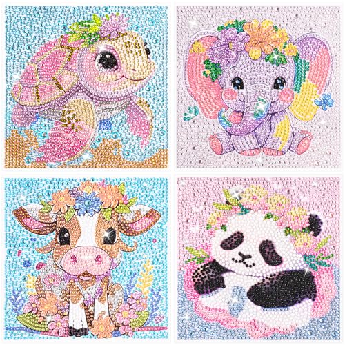 4er Set Diamond Painting Kinder, 5D Diamond Painting Bilder Tiere, Diamond Painting Kinder ab 4 5 6 7 8 Jahre, DIY Mosaik Basteln für Wand Dekoration, Kreative Geschenk Junge Mädchen, 15x15 cm von Anuvice