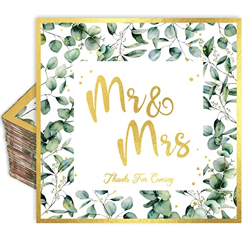 AnyDesign 100 Stück Hochzeit Servietten 16,5 cm grüne Folie Gold Mr & Mrs Luncheon Servietten Eukalyptus Blätter Einweg Dekorative Abendessen Papierservietten für Brautdusche Verlobung Hochzeit Party von AnyDesign