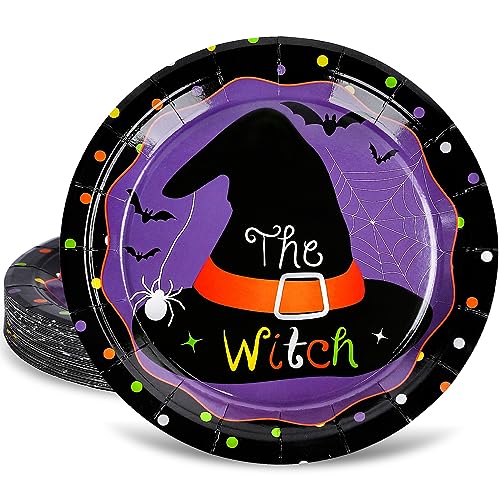 AnyDesign 40 Stück Halloween Hexenhut Pappteller Hocus Pocus Runde Einwegteller 22,9 cm Spinnennetz Fledermaus Zauberer Hut dekoratives Geschirr für Halloween Urlaub Abendessen Geburtstag Party von AnyDesign