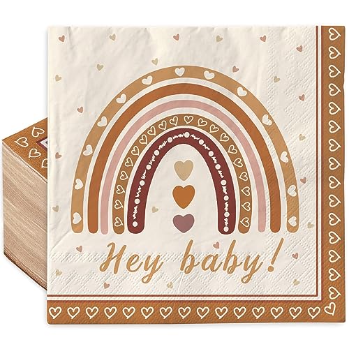 AnyDesign 80 Stück Boho Regenbogen Papierservietten Hey Baby Party Mittagessen Servietten Retro Einweg Dekorative Handservietten für Babyparty Geburtstag Party Supplies, 16,5 x 16,5 cm von AnyDesign