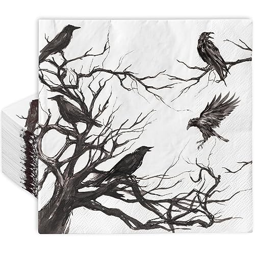 AnyDesign 80 Stück Halloween Papierservietten Einweg Halloween Silhouette Baum Krähen Servietten Schwarz Dekorative Dessert Dinner Handserviette für Halloween Party Supplies, 16,5 x 16,5 cm von AnyDesign