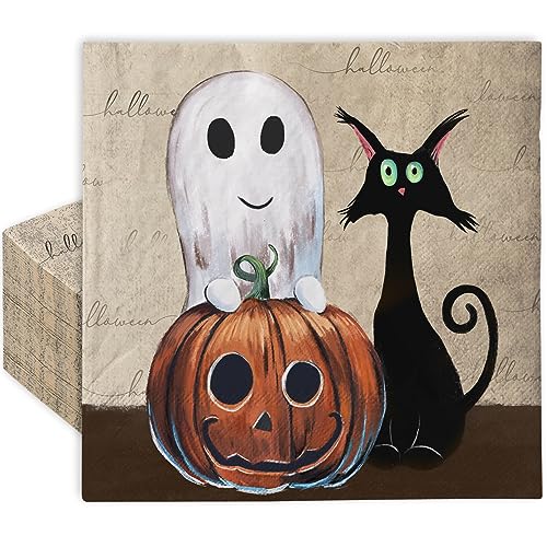 AnyDesign 80 Stück Halloween Papierservietten Einweg Schwarze Katze Kürbis Geist Mittagessen Servietten Gruselig Dekorative Dessert Abendessen Handservietten für Halloween Party Supplies, 16,5 x 16,5 von Hengulus