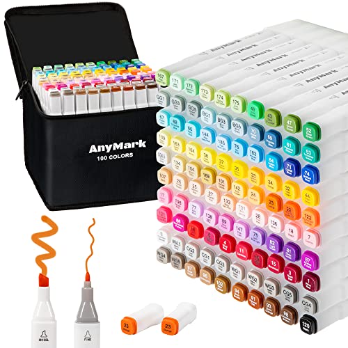 AnyMark Alkohol Marker, 100 Farben Marker Stifte Set, Twin Tip Künstler Stifte Set für zum Zeichnen, Ausmalen und Skizzieren, Meißel- & Feinspitzen von AnyMark