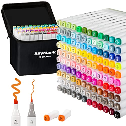 AnyMark Alkohol Marker Stifte, 120 Farben Alkohol Stifte Set, Twin Tip Künstler Stifte Set für Kinder Erwachsene zum Zeichnen, Ausmalen und Skizzieren, Meißel- & Feinspitzen von AnyMark