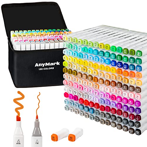 AnyMark Alkohol Marker Stifte, 168 Farben Alkohol Stifte Set, Twin Tip Künstler Stifte Set für Kinder Erwachsene zum Zeichnen, Ausmalen und Skizzieren, Meißel- & Feinspitzen von AnyMark