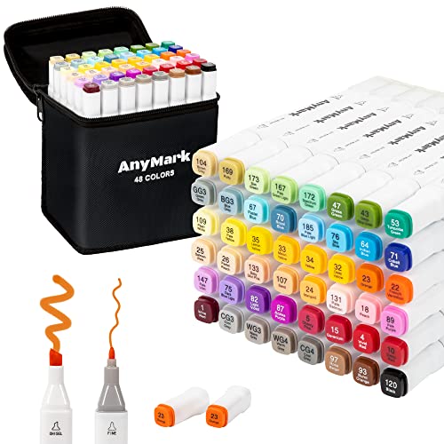 AnyMark Alkohol Marker Stifte, 48 Farben Alkohol Stifte Set, Twin Tip Künstler Stifte Set für Kinder Erwachsene zum Zeichnen, Ausmalen und Skizzieren, Meißel- & Feinspitzen von AnyMark