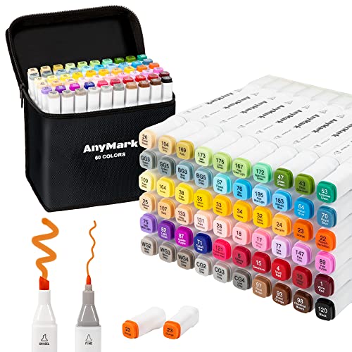 AnyMark Alkohol Marker Stifte, 60 Farben Alkohol Stifte Set, Twin Tip Künstler Stifte Set für Kinder Erwachsene zum Zeichnen, Ausmalen und Skizzieren, Meißel- & Feinspitzen von AnyMark