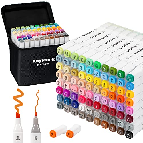 AnyMark Alkohol Marker Stifte, 80 Farben Alkohol Stifte Set, Twin Tip Künstler Stifte Set für Kinder Erwachsene zum Zeichnen, Ausmalen und Skizzieren, Meißel- & Feinspitzen von AnyMark