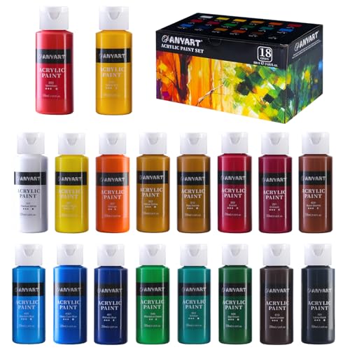 Anyart Acrylfarben Set 18 Farben je 59ml Acrylic Acryl Paint für Leinwand Papier Stein Holz Keramik Stoffe Wasserfest Lichtecht Schnell Trocknend Maler Künstler von Anyart