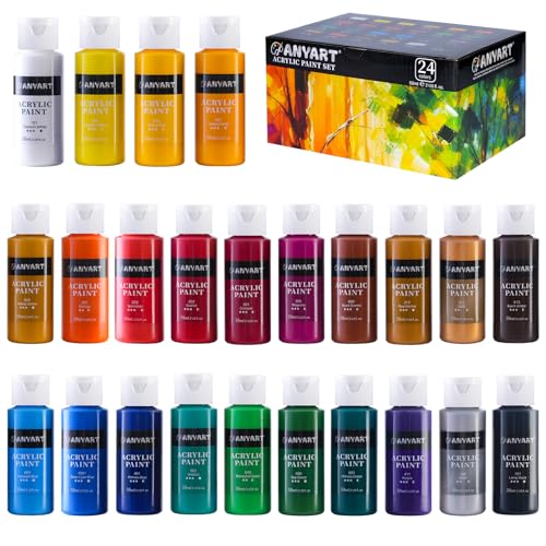 Anyart Acrylfarben Set 24 Farben je 59ml Acrylic Acryl Paint für Leinwand Papier Stein Holz Keramik Stoffe Wasserfest Lichtecht Schnell Trocknend Maler Künstler von Anyart