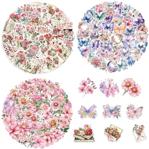 Anyasen 150 Stück Scrapbook Stickers Blumen，Transparente Blumen Sticker，Scrapbooking Schmetterlinge Sticker，für Bastelarbeiten, Sammelalben, Briefe, Geschenkverpackungen, Fotoalben,Notizbücher, Laptop von Anyasen