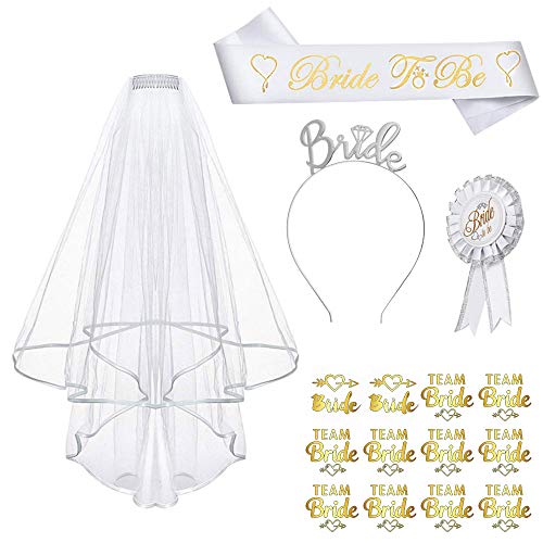 Anyasen Bride to Be Set Deko Accessoire für Den Junggesellenabschied Frauen Party mit Schleier Schärpe Abzeichen Tiara Tattoo Aufkleber Hochzeit für Braut to be Frauen deko Accessoires von Anyasen