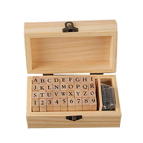 Anyasen Stempel Set Alphabet Stempel Holz Stempel Stempelset Buchstaben Gummi Anzahl Briefmarken 26 Großbuchstaben10 Zahlen in Holzkiste Fall, mit Stempelkissen, für Kunst Handwerk Kartenherstellung von Anyasen