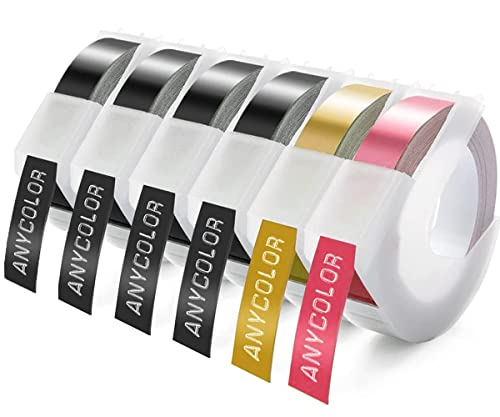 Anycolor Kompatibel mit Omega Etikettenband Ersatz für Dymo Prägeband 9mm Schwarz 3D Etikettenband für Dymo Omega Prägegerät Junior Motex E-101 E-303 Etikettendrucker, Schwarz/Gold/Rosa 6 Roll von Anycolor